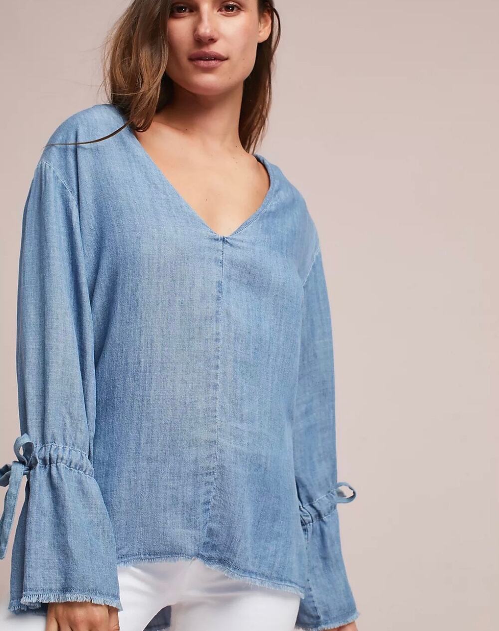 Rails Small Zimi Chambray Top Blouse Blue Linen Tencel Blend V Neck Bell Sleeves